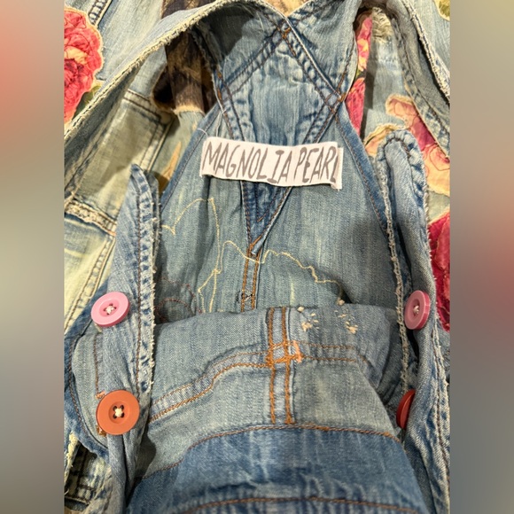 Magnolia Pearl floral appliqué denim overalls hand-distressing, fading - Picture 8 of 10
